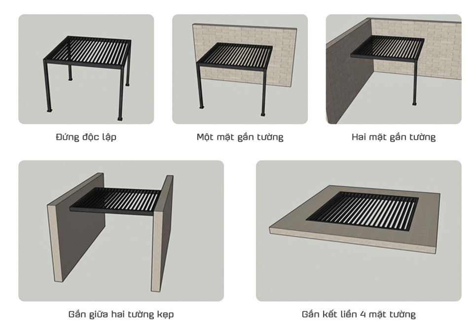 Các kiểu dáng lắp đặt của mái nhôm xếp lật tự động