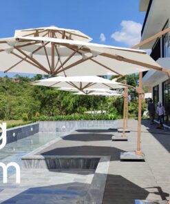 Cấu tạp Ô dù lệch tâm hợp kim 3m tròn nâng hạ xoay 360 màu trắng kem
